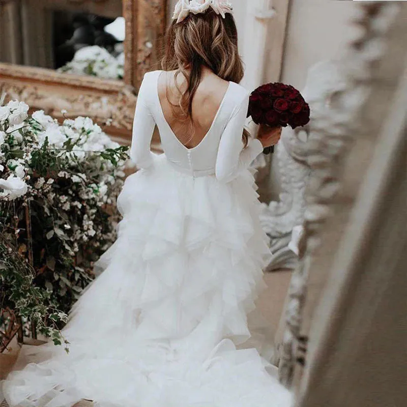 Sweety Tulle Long Sleeve Wedding Dress Court Train A-line Bridal Dress Cascading Ruffles Wedding Gowns OKW17