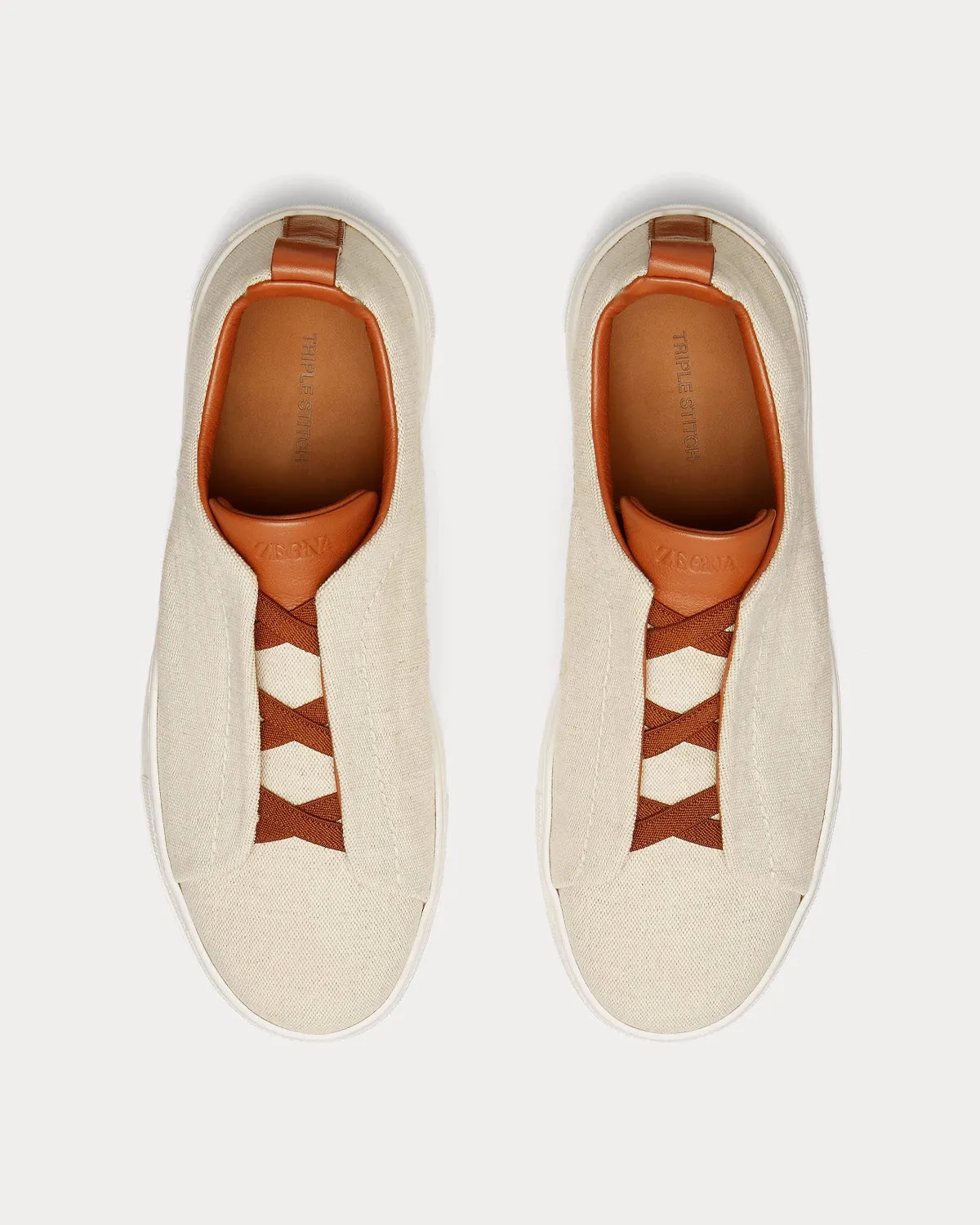 Triple Stitch Canvas Light Beige Slip On Sneakers