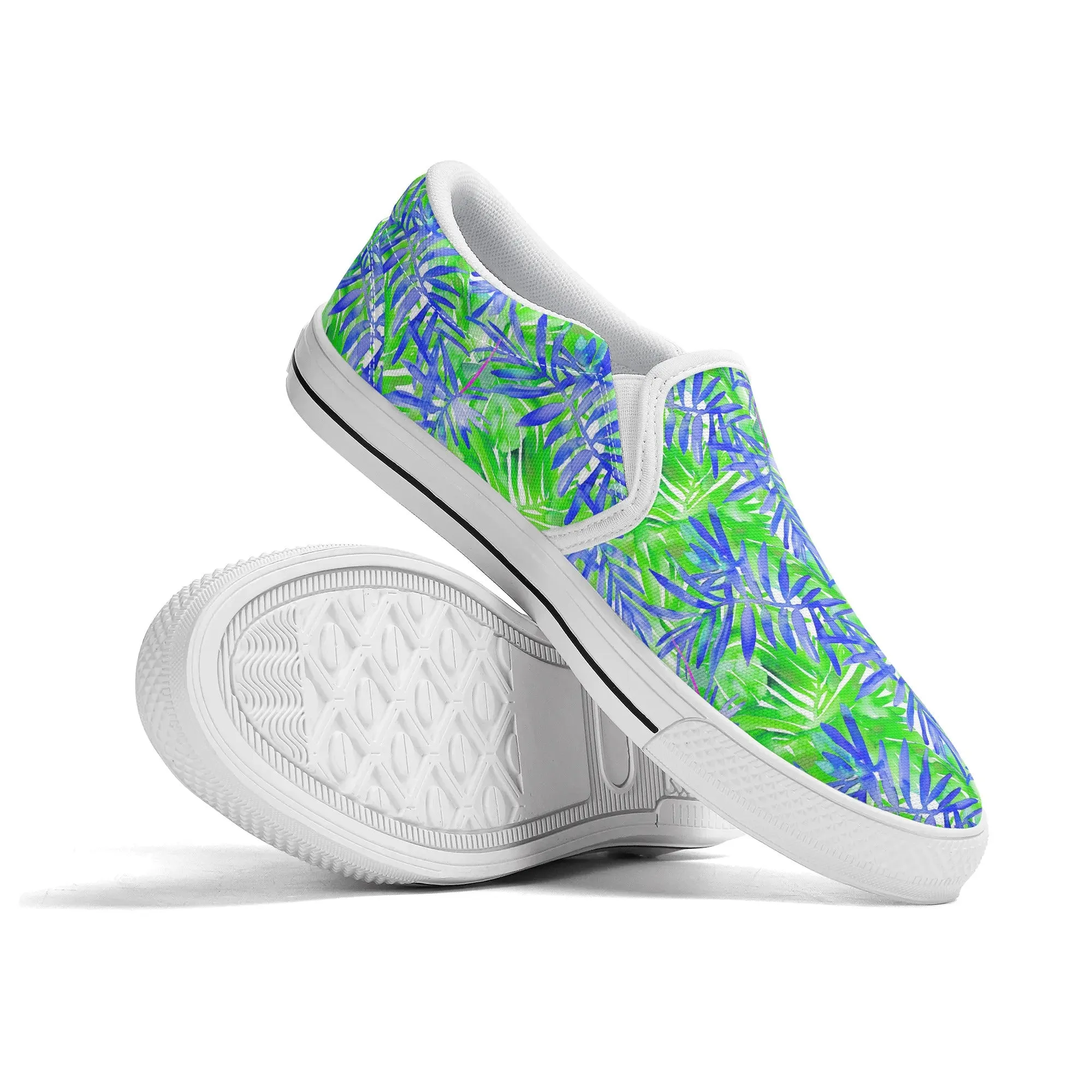 Tropical Harmony Blue and Green Palm Tree Leaves Womens Rubber Slip On Shoes US5 - US12