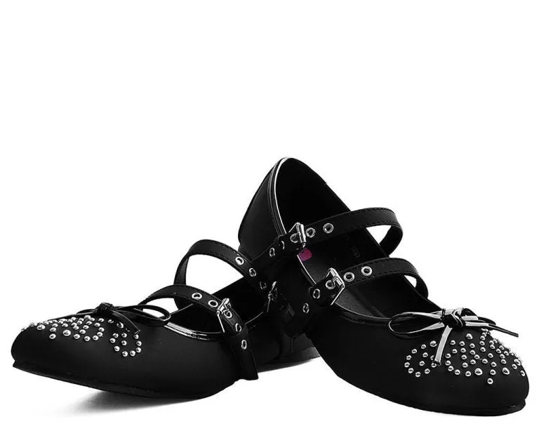 TUK-A9435L-Black Double Strap Studded Ballet Flat