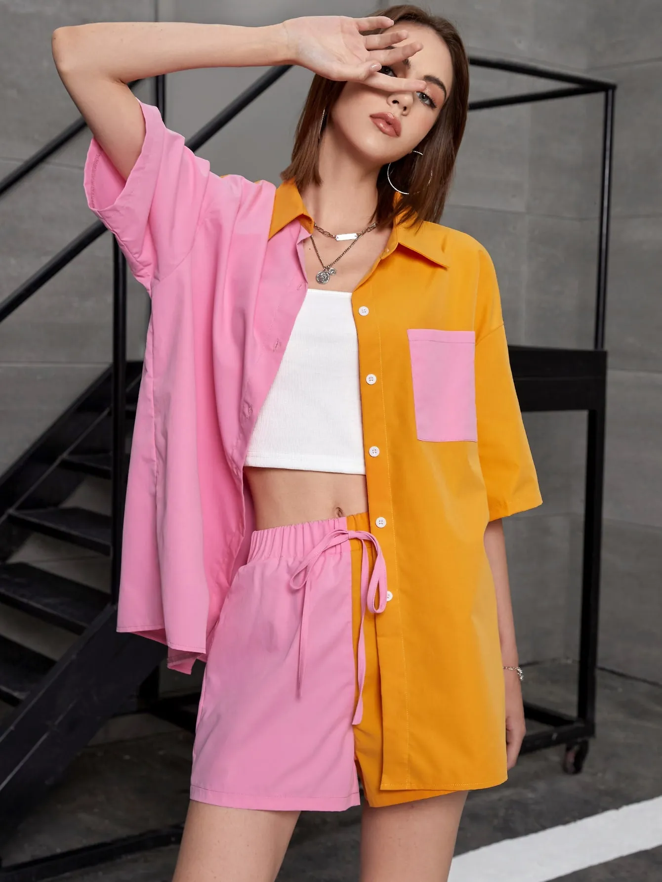 Two Tone Patched Pocket Drop Shoulder Blouse & Tie Front Shorts
