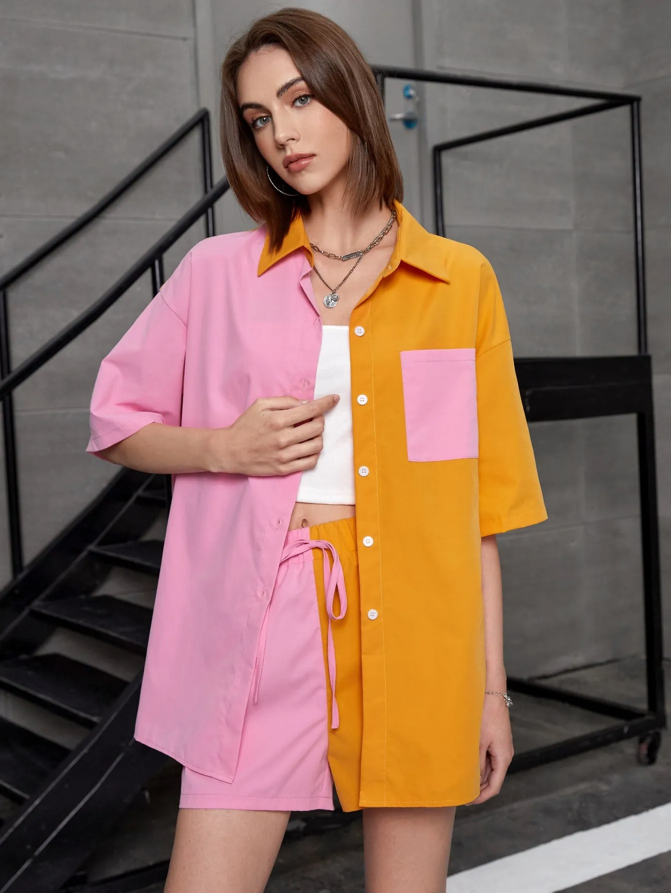Two Tone Patched Pocket Drop Shoulder Blouse & Tie Front Shorts