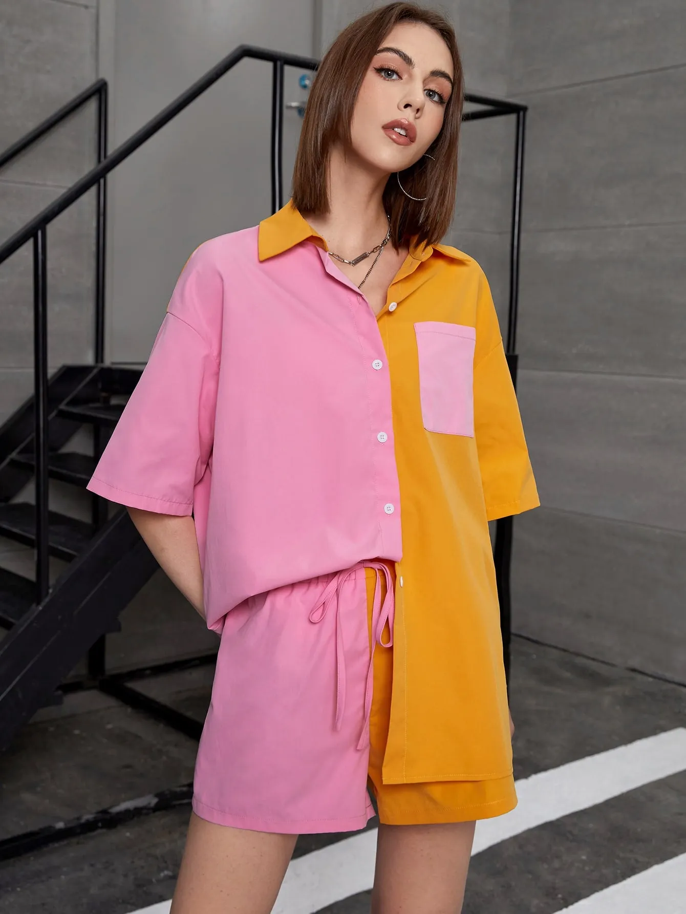 Two Tone Patched Pocket Drop Shoulder Blouse & Tie Front Shorts