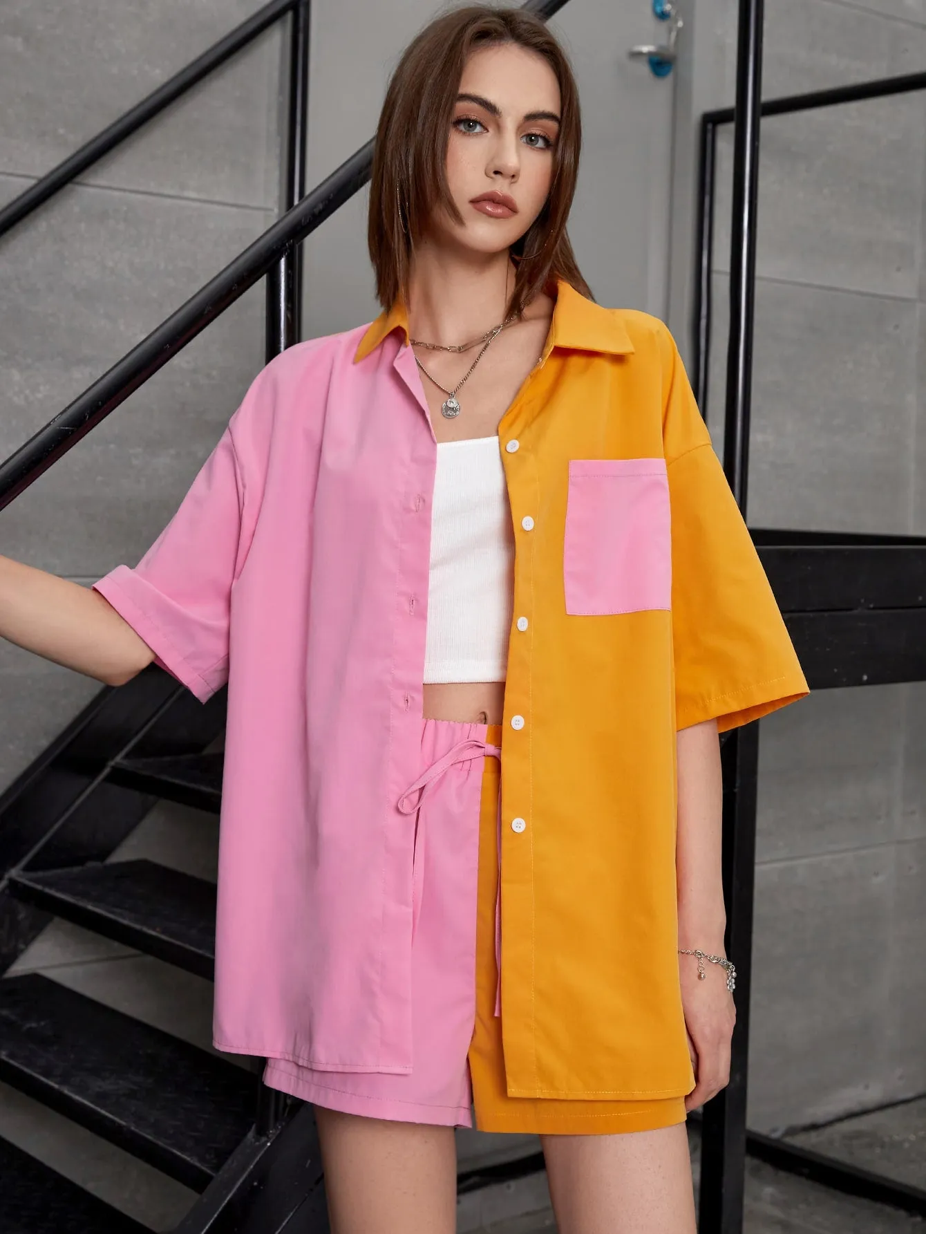 Two Tone Patched Pocket Drop Shoulder Blouse & Tie Front Shorts