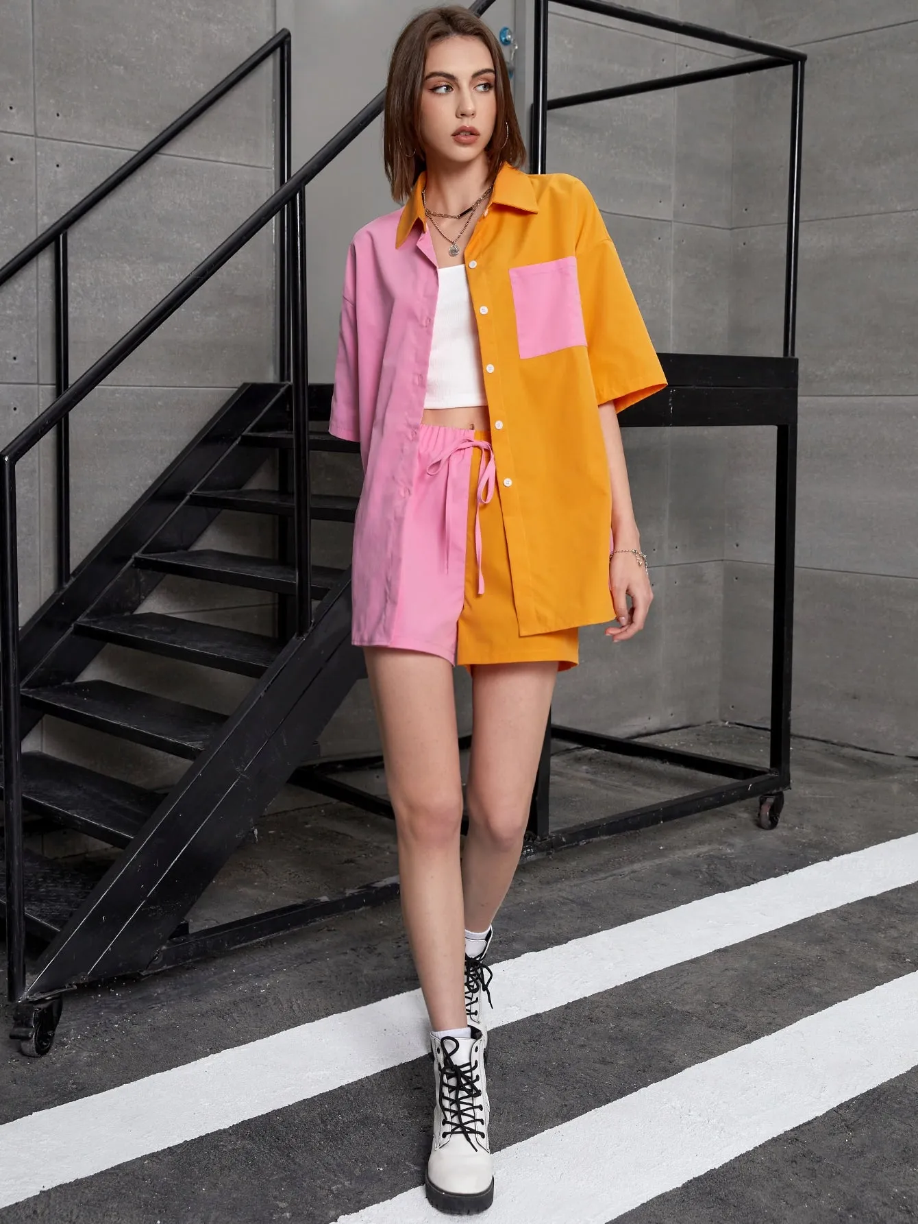 Two Tone Patched Pocket Drop Shoulder Blouse & Tie Front Shorts