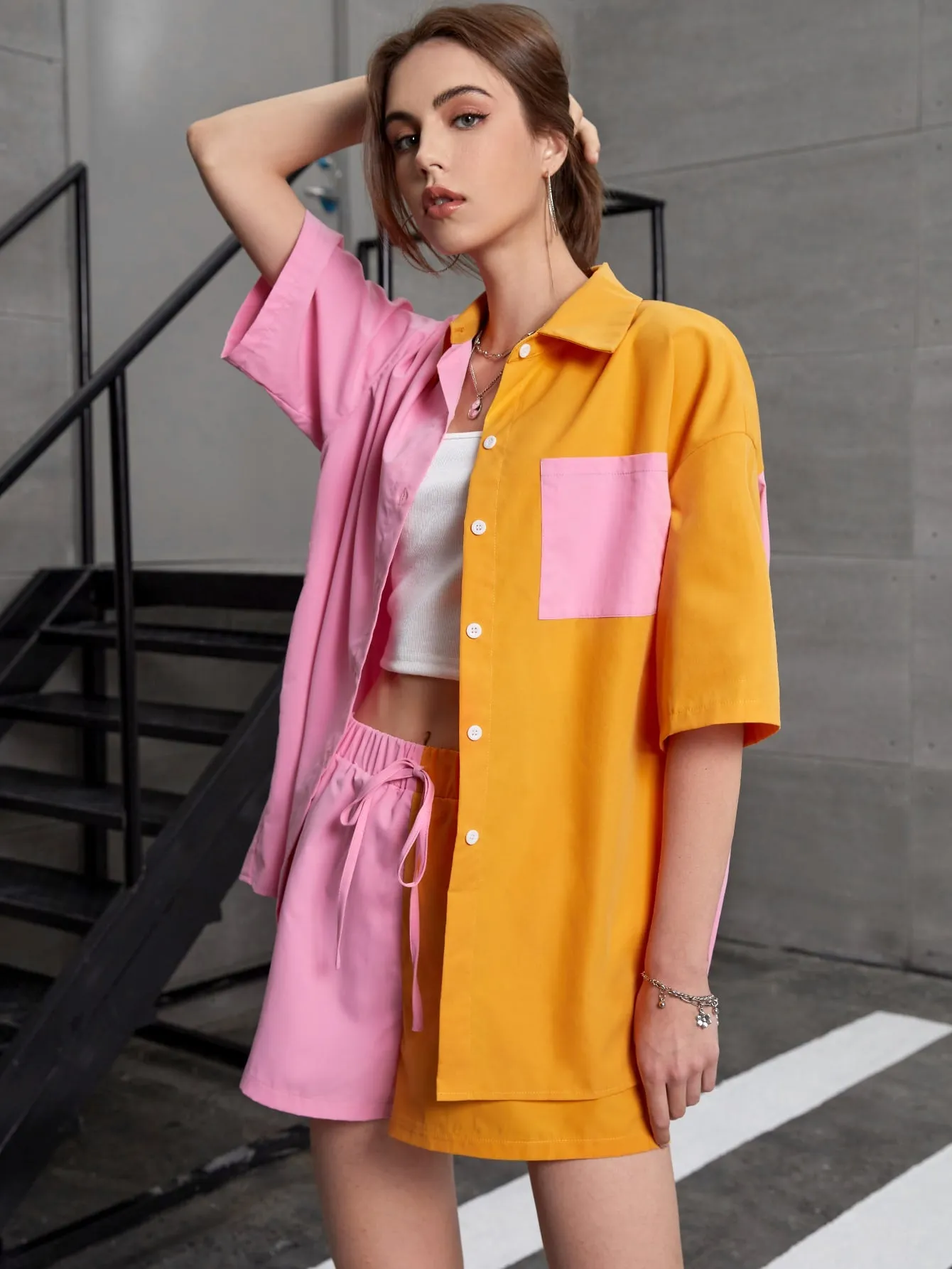 Two Tone Patched Pocket Drop Shoulder Blouse & Tie Front Shorts