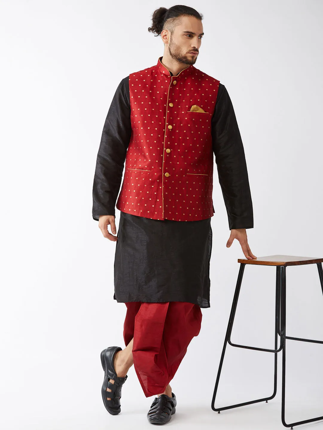 VASTRAMAY Men's Maroon Zari Weaved Jacket Set