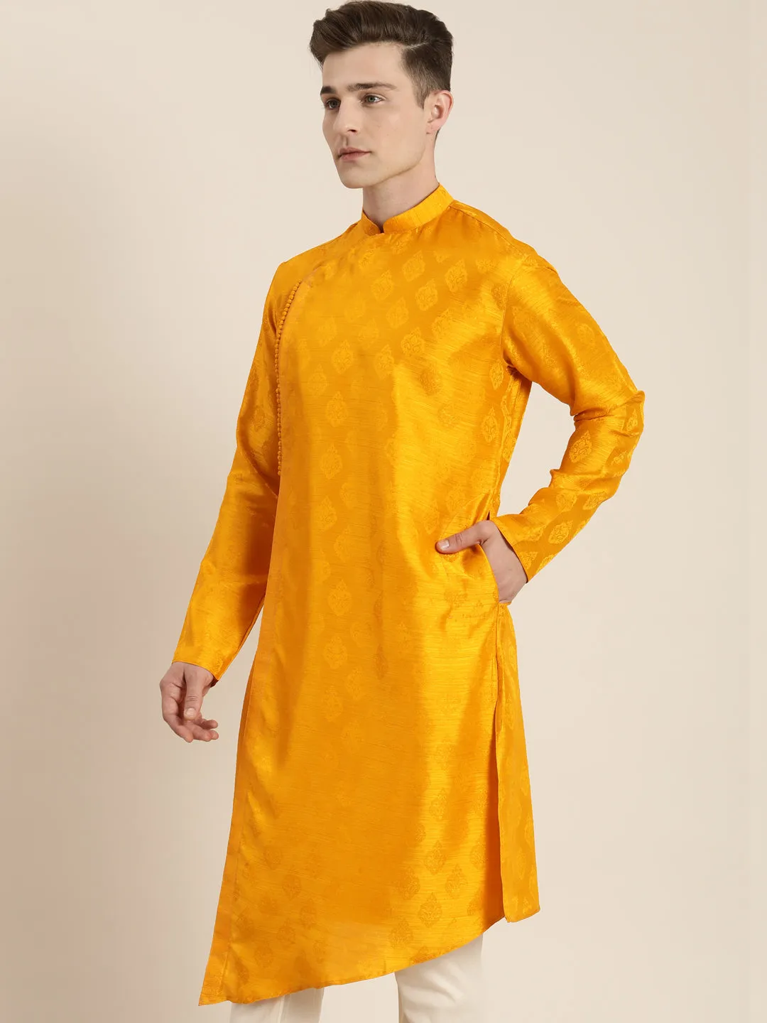 VASTRAMAY Men's Yellow Angrakha Kurta