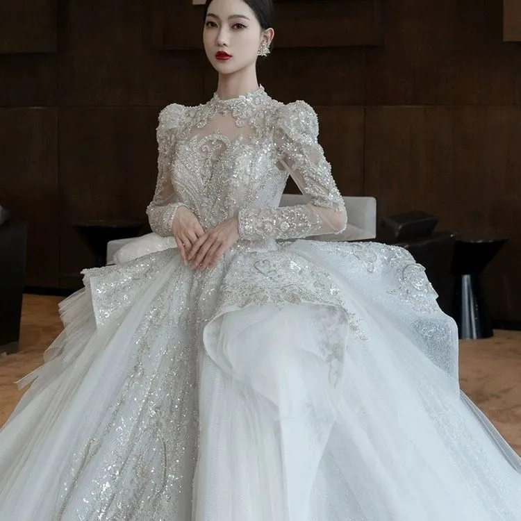 wedding dress 2024 new bridal heavy industry luxury big trailing court style high texture white main dress