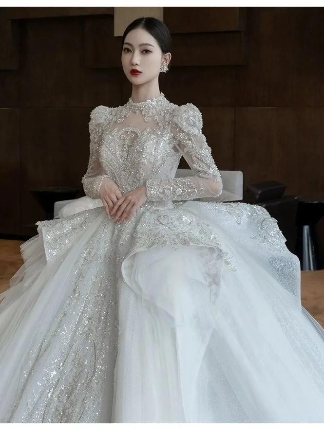 wedding dress 2024 new bridal heavy industry luxury big trailing court style high texture white main dress