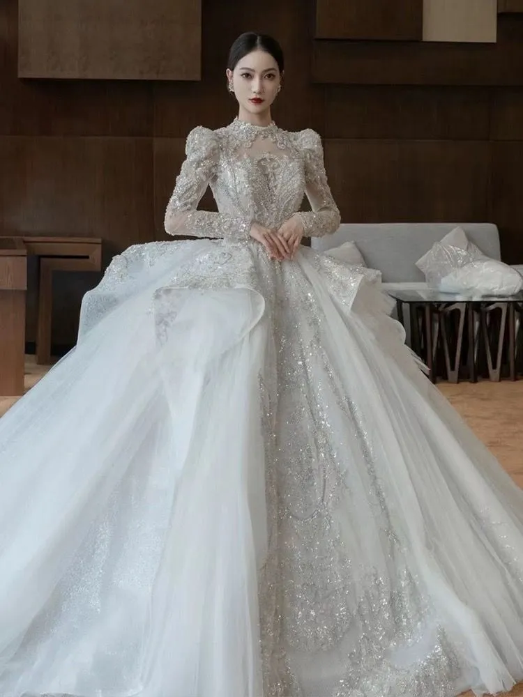 wedding dress 2024 new bridal heavy industry luxury big trailing court style high texture white main dress