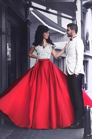 White Lace Crop Top Red Satin Two Pieces A Line Prom Dresses OK817
