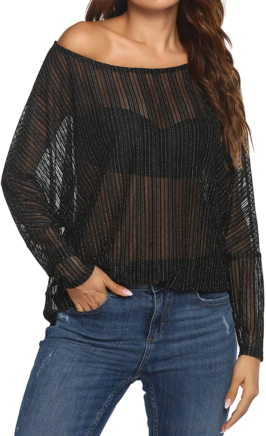 Women's Crochet  Batwing Lace Sheer Blouse
