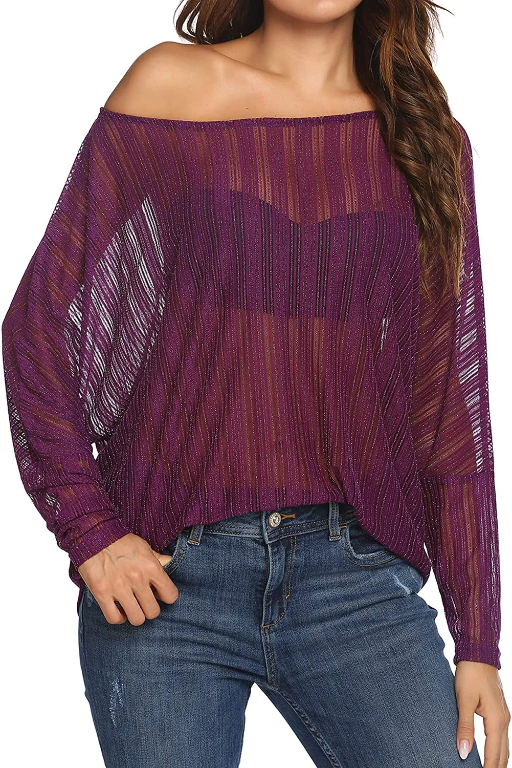 Women's Crochet  Batwing Lace Sheer Blouse