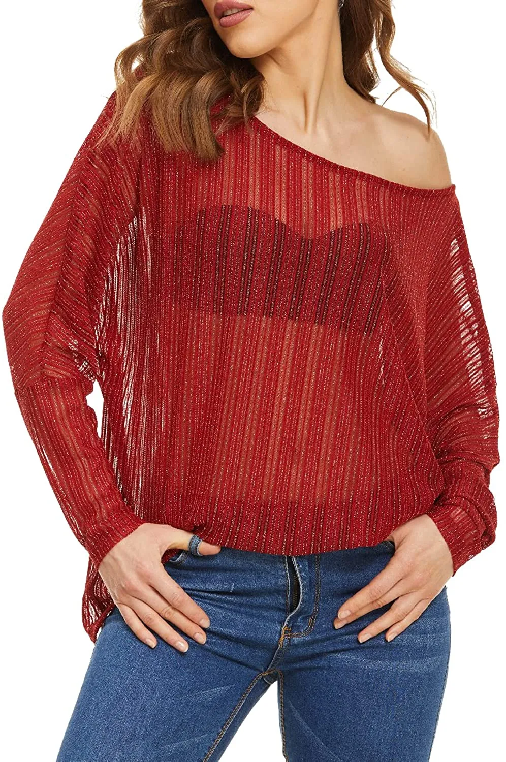 Women's Crochet  Batwing Lace Sheer Blouse