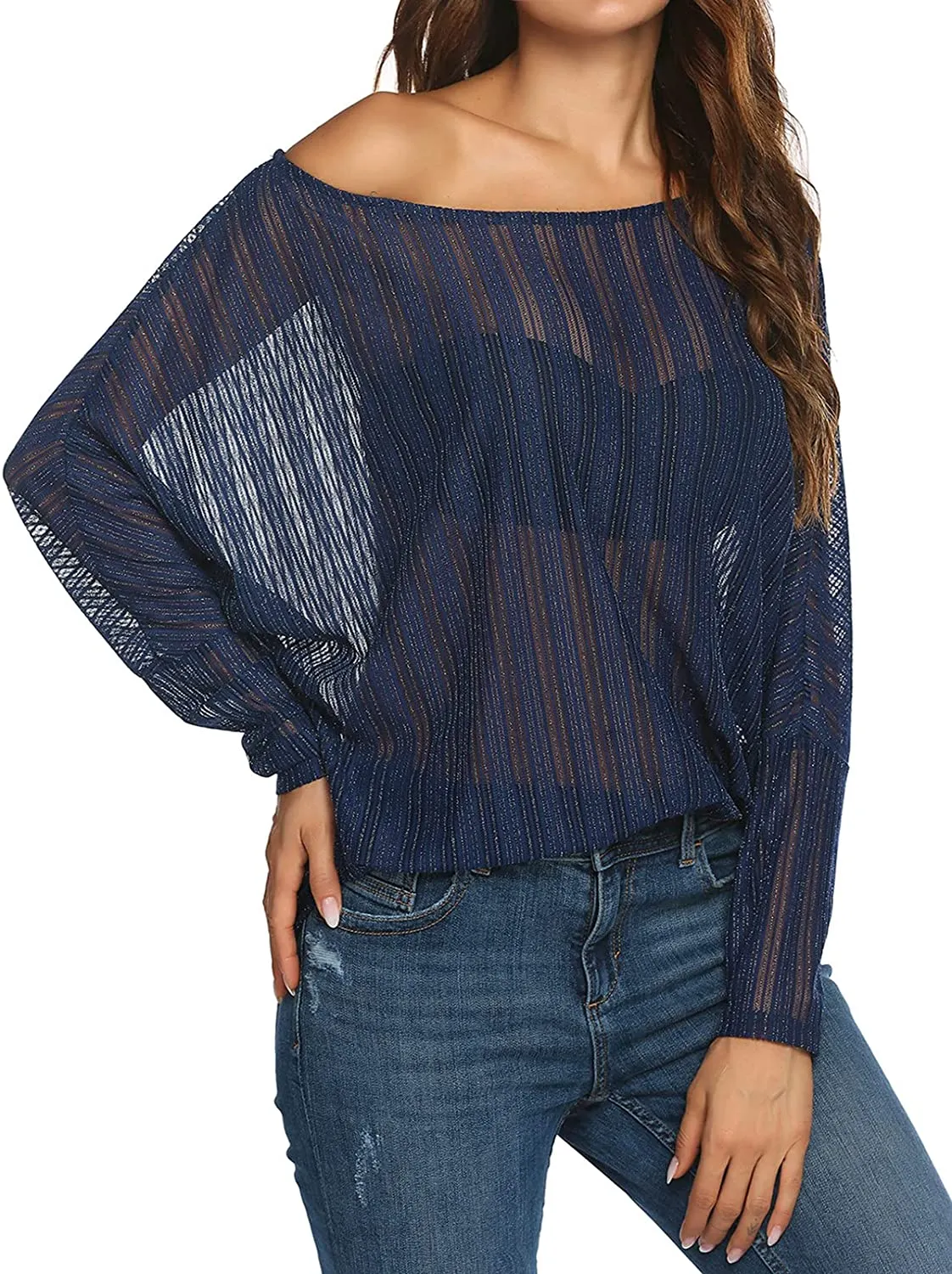 Women's Crochet  Batwing Lace Sheer Blouse