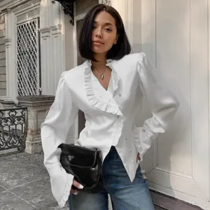 XAKXX 2025 spring new product ruffle edge long-sleeved cardigan court style 2025 fashion cross-border wholesale top fungus edge women