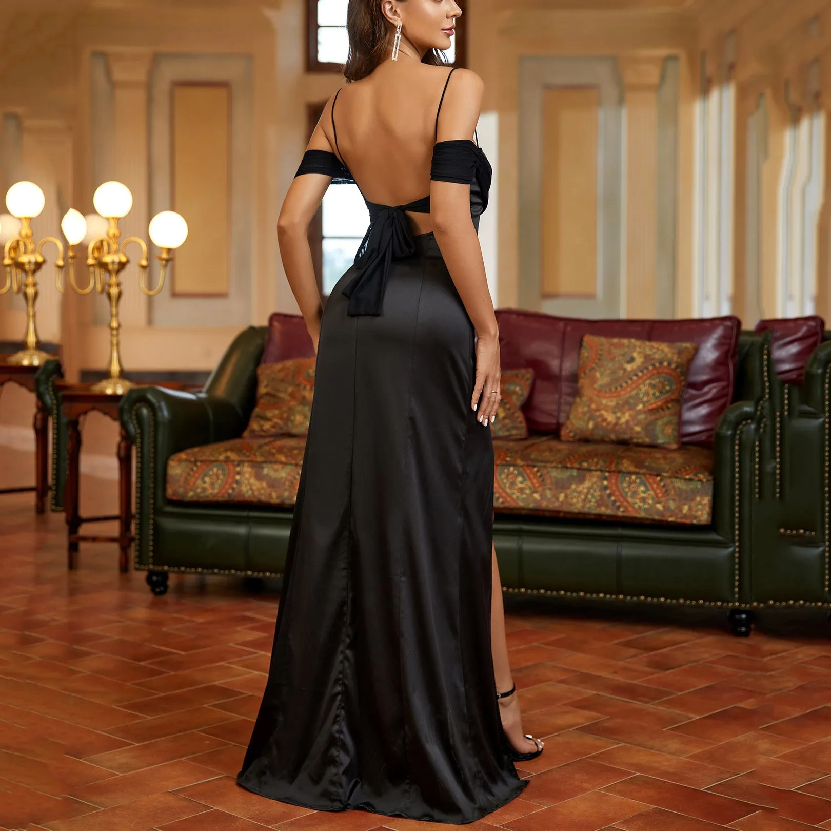 XAKXX  [Court Style] Edge Sleeve Suspender Black Split Skirt Retro Girl Backless Light Luxury Noble Evening Dress Long Dress